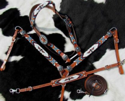 Showman Beaded THUNDERBIRD 4 Piece Bridle Breast Collar Wither Strap 7 Reins Set