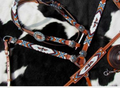 Showman Beaded THUNDERBIRD 4 Piece Bridle Breast Collar Wither Strap 7 Reins Set