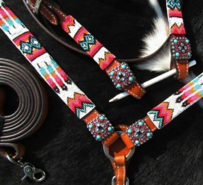 Showman Beaded TRIBAL Leather Bridle Breast Collar Wither Strap & Contest Reins