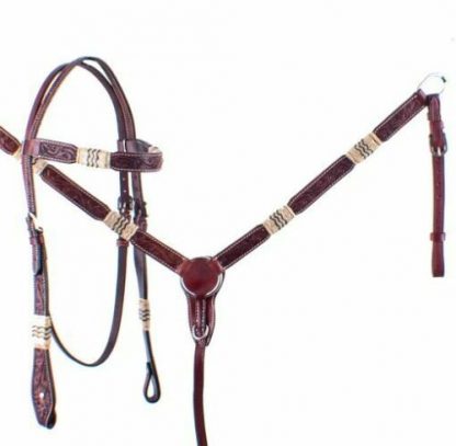 Showman Rawhide Braided Browband Headstall, Breast Collar, Reins, Fringes - 3 Piece Tack Set - Medium Oil Leather