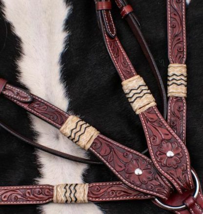 Showman Rawhide Braided Browband Headstall, Breast Collar, Reins, Fringes - 3 Piece Tack Set - Medium Oil Leather