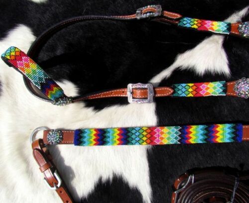 Showman AZTEC BEADED Bridle Breast Collar Reins Wither Strap 4 piece SET