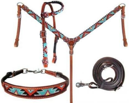 Compatible with Showman Aztec Beaded Bridle Breast Collar Reins Wither Strap 4 Piece Set