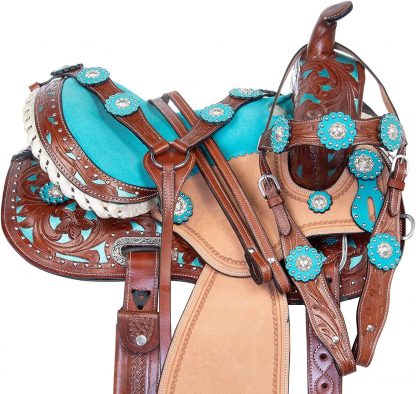 14" Inch Kids Pony Horse Saddle TACK Package - Youth Children Crystal Leather Hand Carved Western Pleasure Trail Show Rodeo Bridle Breastplate