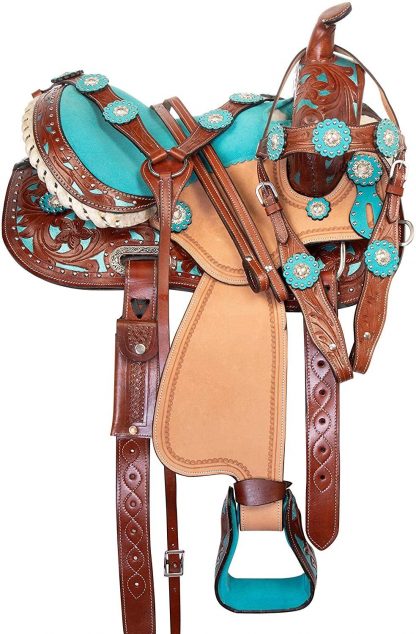 14" Inch Kids Pony Horse Saddle TACK Package - Youth Children Crystal Leather Hand Carved Western Pleasure Trail Show Rodeo Bridle Breastplate