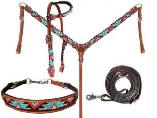 Showman FOUR PIECE Leather Headstall & Breast Collar Set w/ Beaded Aztec Design!