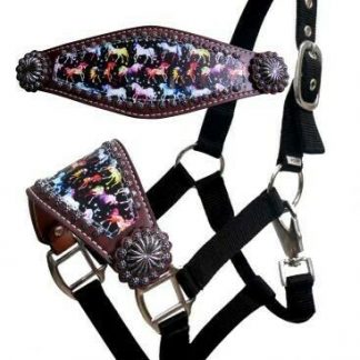 Showman Medium Leather Wither Strap w/ Teal & Silver Sequins Inlay 