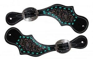 Showman BLACK Tooled Leather Spur Straps w/ TEAL Buck Stitching!! NEW HORSE TACK