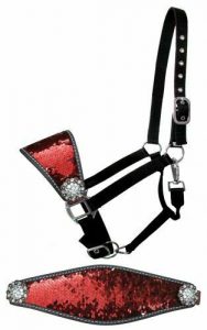 Showman Nylon Bronc Halter w/ Red & Gold Sequins Inlay Leather Noseband