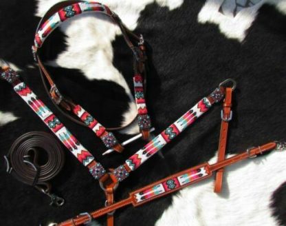 Showman Beaded TRIBAL Leather Bridle Breast Collar Wither Strap & Contest Reins