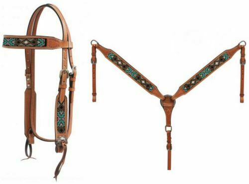 Showman Mini Leather Headstall & Breast Collar Set w/ Teal Beaded Inlay & Reins 