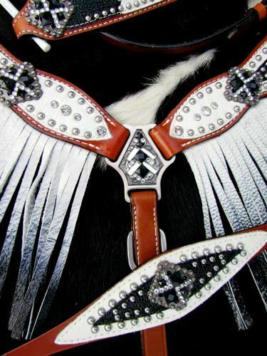 Showman BEJEWELED Black & White FRINGE Breast Collar Bridle Wither Strap & Reins 