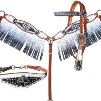Showman Bejeweled Leather Headstall, Breast Collar & Wither Strap Set w/ Fringe!