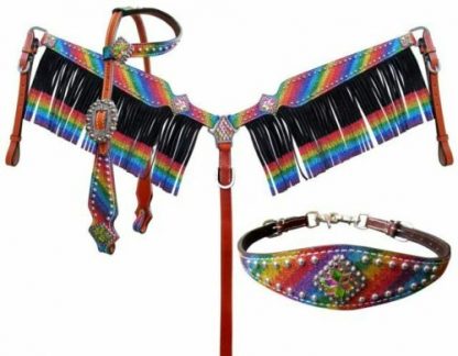 Details about   Showman 4 Piece Rainbow Glitter Leather Headstall and Fringe Breast Collar Set 