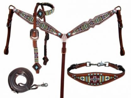 Showman Turquoise Green Cross Navajo Beaded Headstall Breast Collar Wither Strap