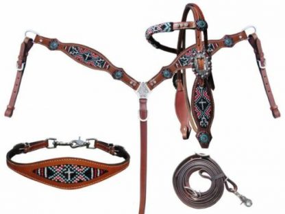 4 PC Red Black Cross Navajo Beaded Leather Wither Strap Headstall Breast Collar