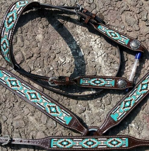 Showman Argentina Cow Leather Beaded Navajo Headstall/Breast Collar/Wither Strap 