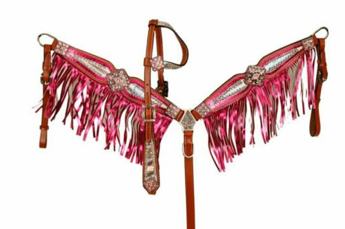Showman Bejeweled PINK Metallic Headstall & Fringe Breast Collar Set HORSE TACK 