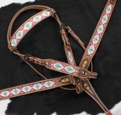 Western Saddle Horse Beaded Cactus Tack Set Bridle + Breast Collar + Wither Stra