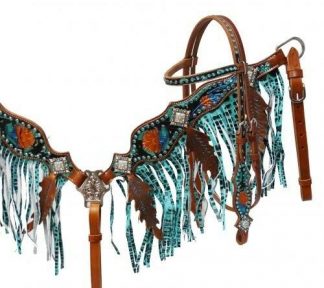 Showman Leather Bridle & Breast Collar Set w/ Painted Tooling & TEAL Fringe! NEW