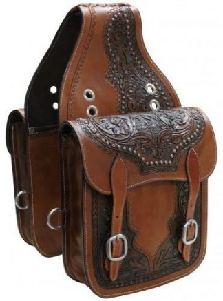 Showman MEDIUM & DARK OIL Tooled Leather Saddle Bag w/ Cross Design! HORSE TACK!