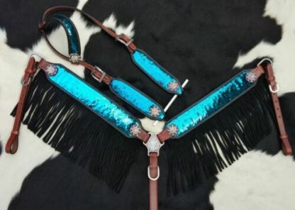 Showman Sequins Inlay Leather Headstall & Breast Collar Set w/ Fringe & Reins