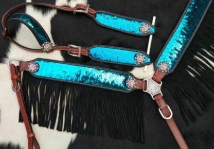 Showman Sequins Inlay Leather Headstall & Breast Collar Set w/ Fringe & Reins