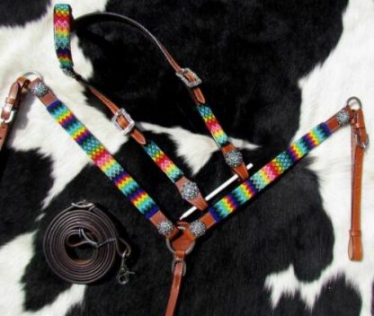 Showman Rainbow Beaded Headstall & Breast Collar Set w/ Reins