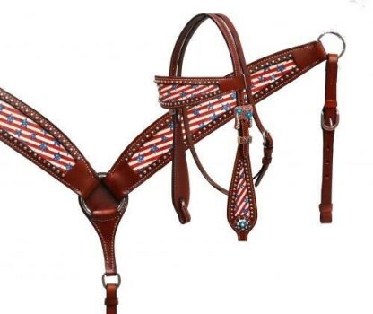 Showman Leather Bridle & Breast Collar Set w/ RED, WHITE & BLUE Stars & Stripes!