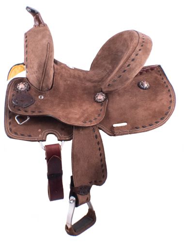 10 inch Youth Hard Seat Barrel Style Saddle – Rough Out Leather – Buckstitch Trim – Full Quarter Horse Bars and 7″ Gullet