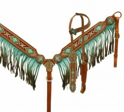 TEAL - Beaded Inlay Cross Ombre Fringe Headstall & Breast Collar Set