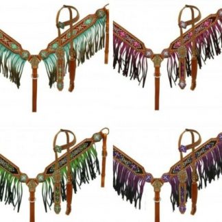 Beaded Cross Inlay - Ombre Fringe - Headstall, Breast Collar, Reins 3 Piece Set