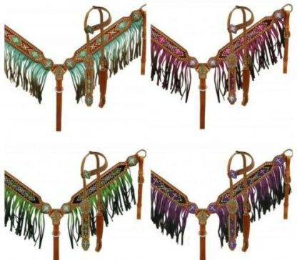 Beaded Cross Inlay - Ombre Fringe - Headstall, Breast Collar, Reins 3 Piece Set