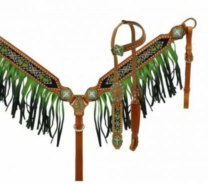 LIME GREEN - Beaded Inlay Cross Ombre Fringe Headstall & Breast Collar Set