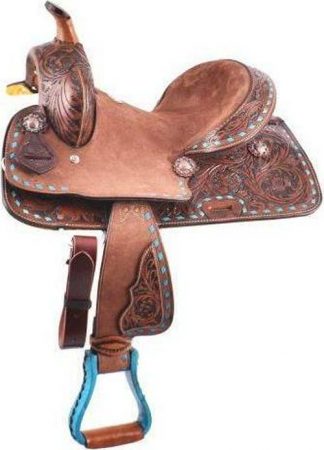 10" Pony hard seat barrel style saddle with turquoise buckstitch trim