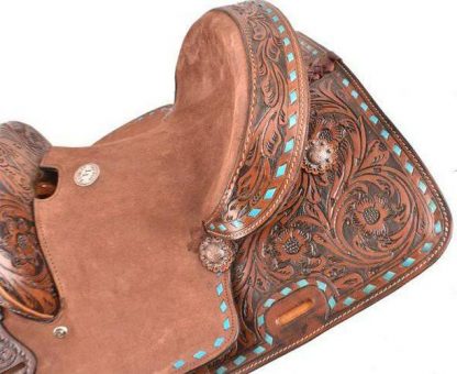 10" Pony hard seat barrel style saddle with turquoise buckstitch trim - Image 2