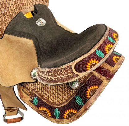 12 , 13  Youth Hard Seat Barrel Style Saddle With Cactus And Sunflower Beaded Accents - Image 2