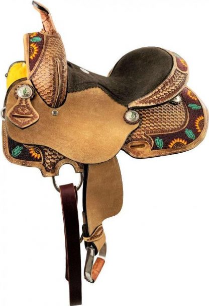 12 , 13  Youth Hard Seat Barrel Style Saddle With Cactus And Sunflower Beaded Accents
