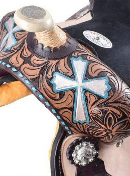 13  Barrel Style Saddle With Hand Painted Cross Design - Image 3