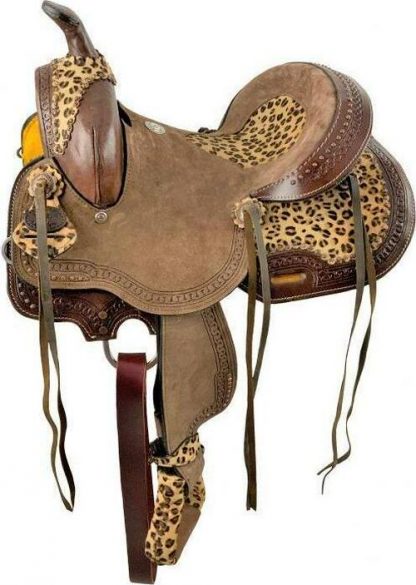 13" Hard Seat Barrel style saddle with Cheetah Seat and leather tassels