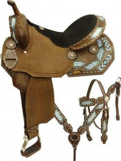 14", 15", 16" style barrel saddle set with metallic painted feathers and beaded inlay
