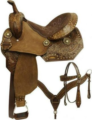 14", 15" Economy style barrel saddle set with feather tooled design
