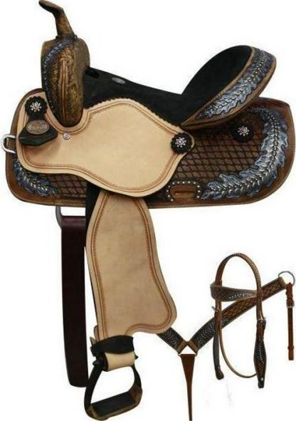 14", 15" barrel style saddle with oak leaf tooled design
