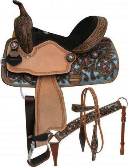 "14 , "15  Barrel Style Saddle Set With Metallic Painted Tooling