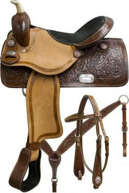 15 , 16  Barrel Saddle Set With Oak Leaf Tooling And Pink Crystal Rhinestone Conchos