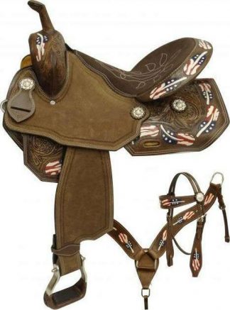 "15 , "16  Barrel Style Saddle Set With Red, White And Blue Painted Feathers