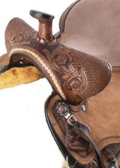 15" Basketweave and Floral Tooled Barrel Style Saddle - Image 2