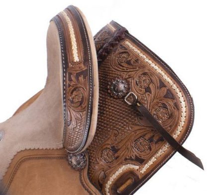 15" Basketweave and Floral Tooled Barrel Style Saddle - Image 3