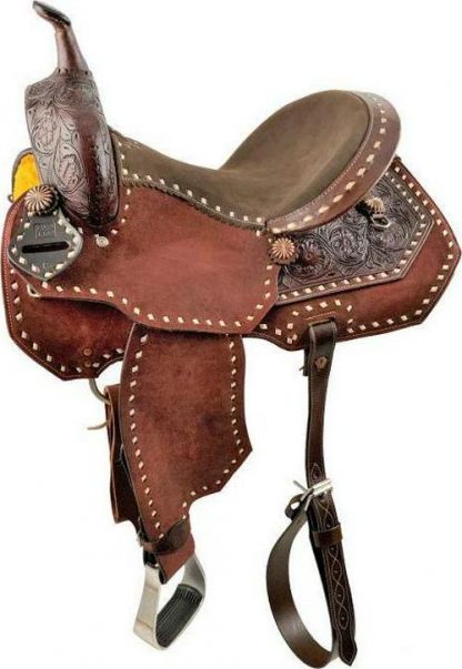 15" Economy Barrel Saddle Set with floral tooling and white buckstitch accents. Comes complete with matching Headstall & Breast Collar Set - Image 2