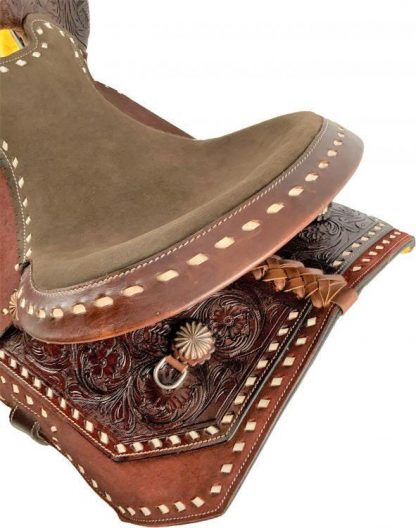 15" Economy Barrel Saddle Set with floral tooling and white buckstitch accents. Comes complete with matching Headstall & Breast Collar Set - Image 3